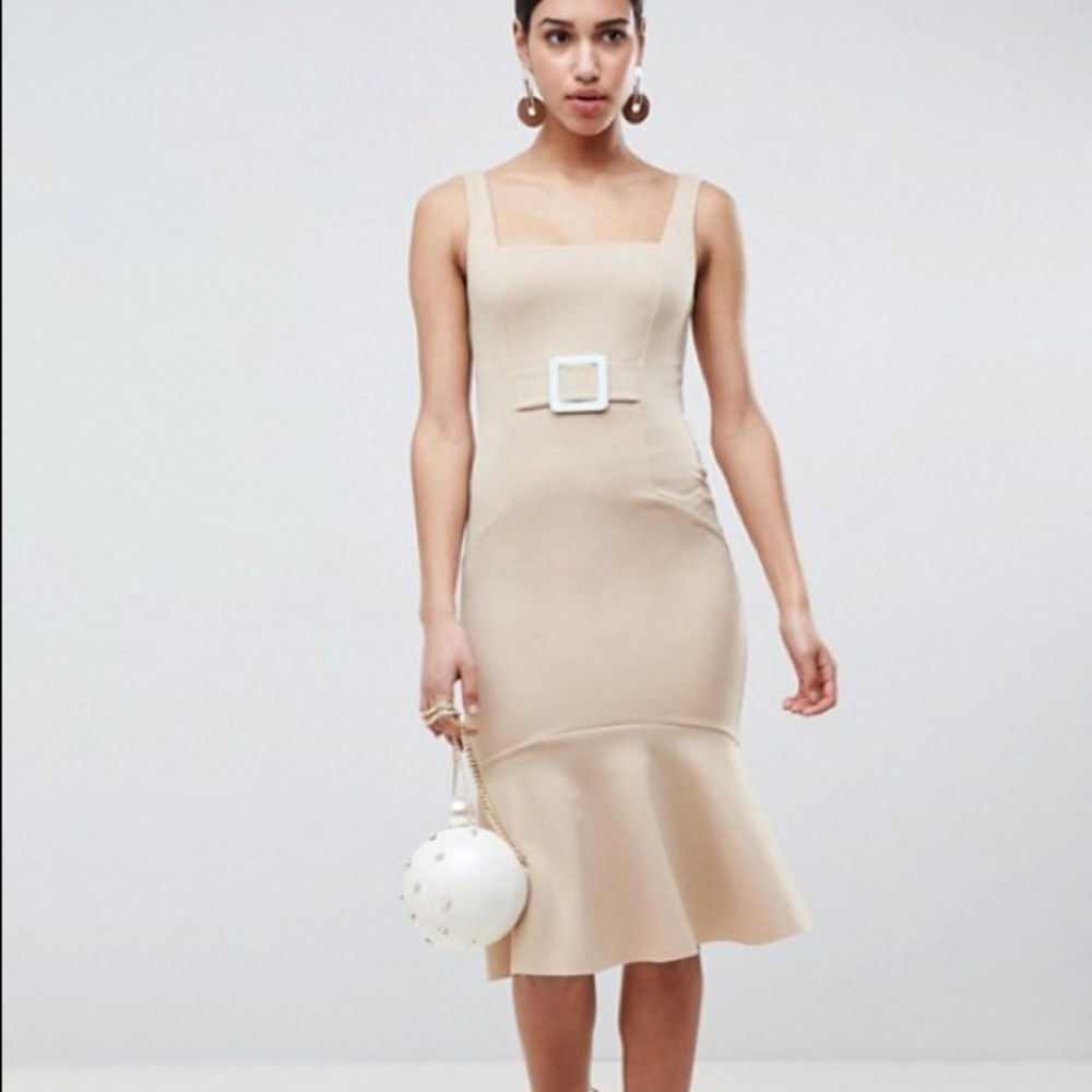 ASOS Beige Midi Dress with Buckle Detail